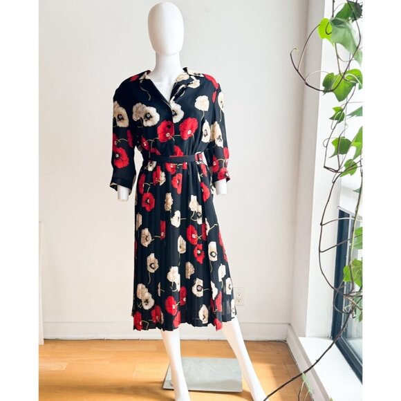 Vintage Allaird s Black Red Ivory Floral Belted Pleated Midi Dress M - Picture 6 of 11